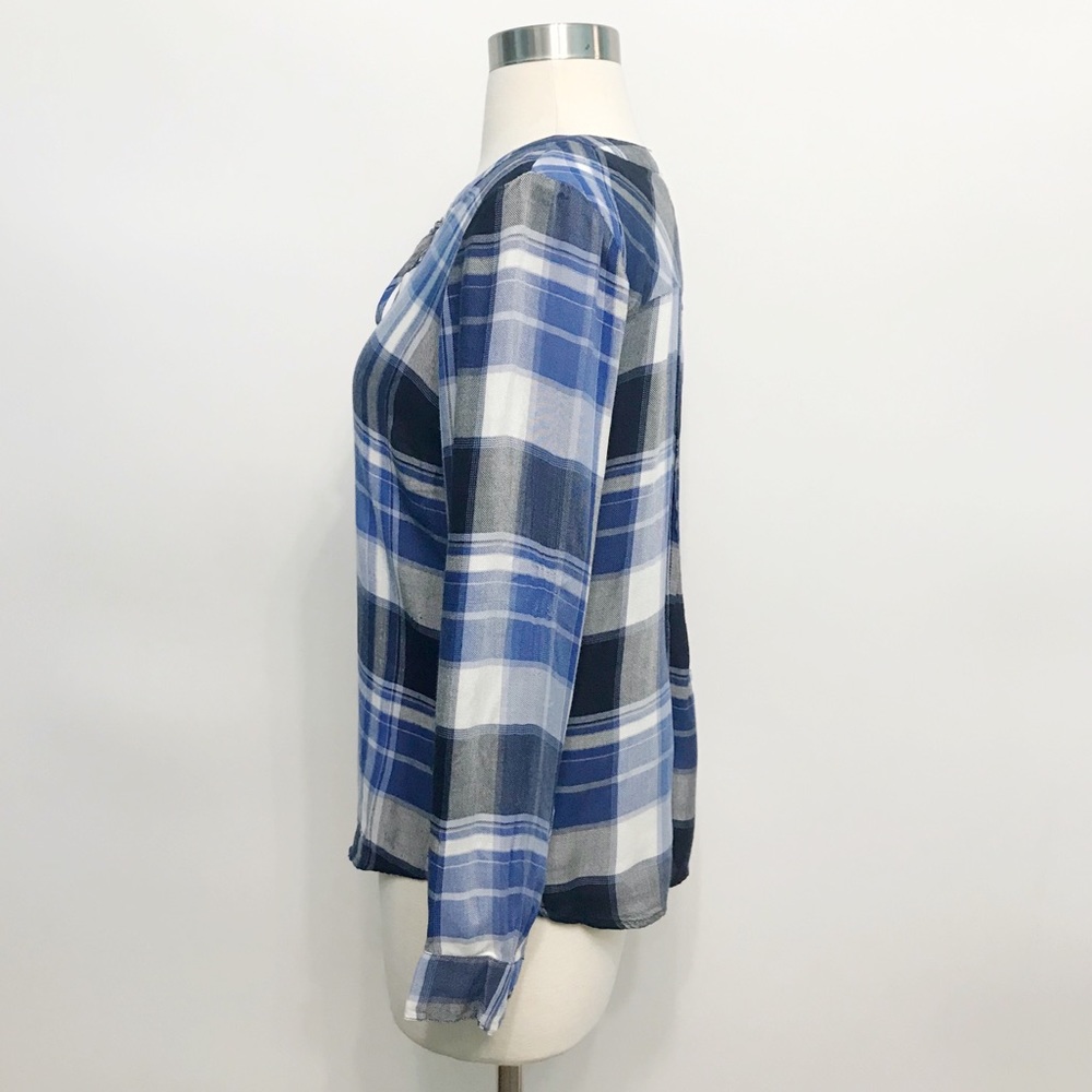 talbots | roxbury blue plaid lace-up blouse petite s - Picture 4 of 8